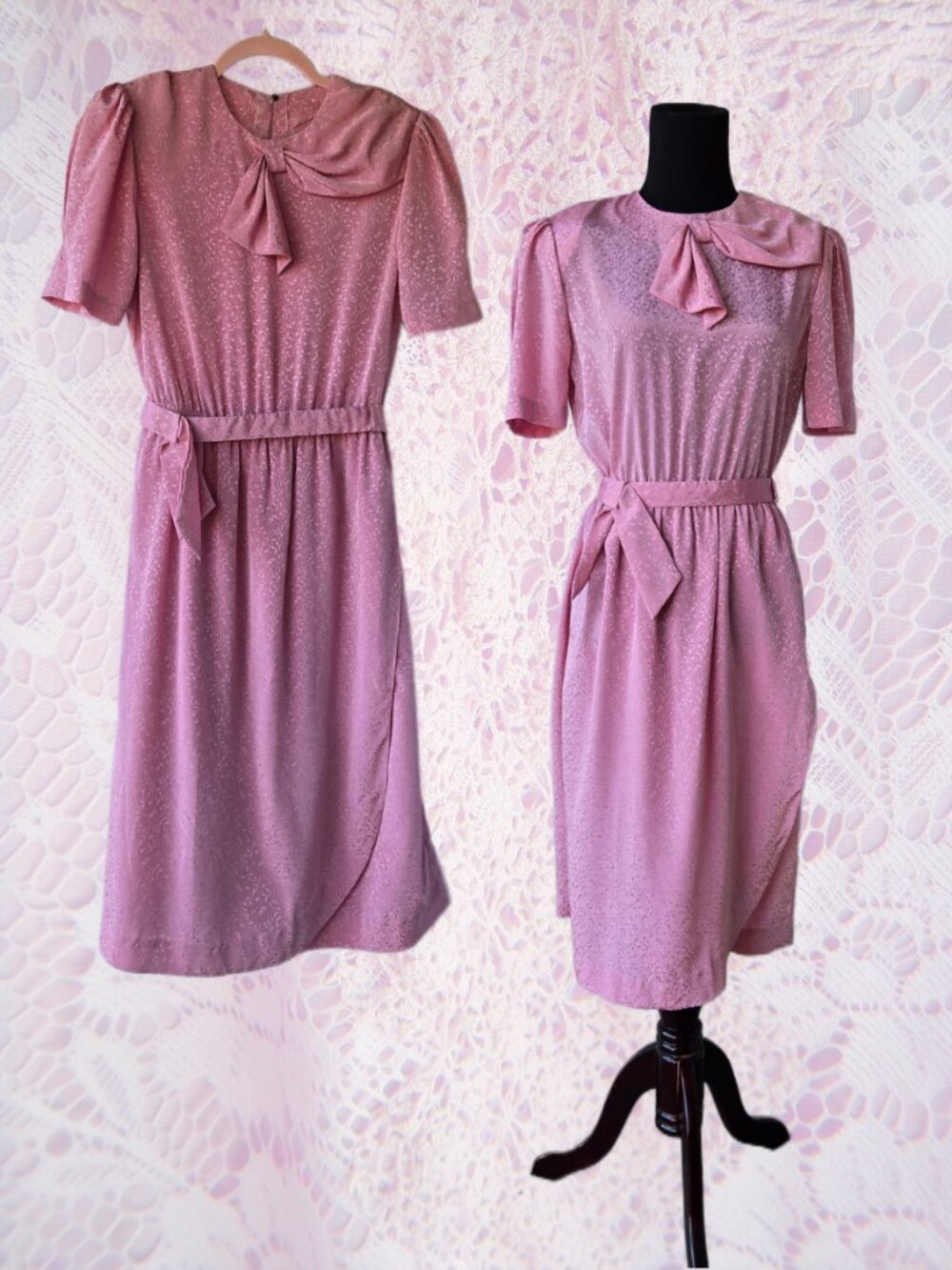 Vintage Pink Faux-Wrap Bow Collar Dress Retro Classic Office
